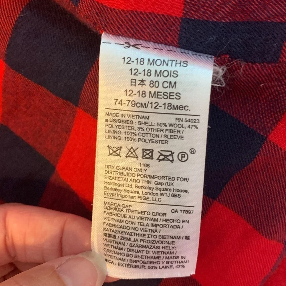 Baby GAP Red pea toggle coat Jacket hooded plaid lining wool blend 12 mo